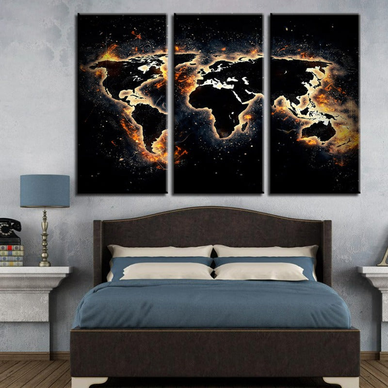 Feuer und schwarze Weltkarte - Leinwand Wandkunst Gemälde 3 Teile