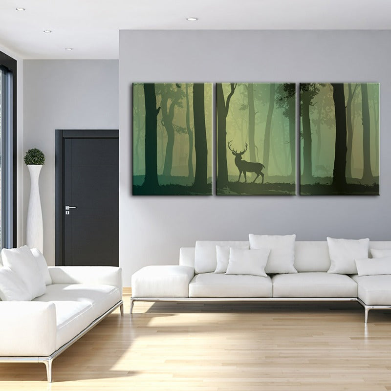 Verzauberte grüne Ton Silhouetten Reh-Leinwand Wandkunst Gemälde 3 Stücke