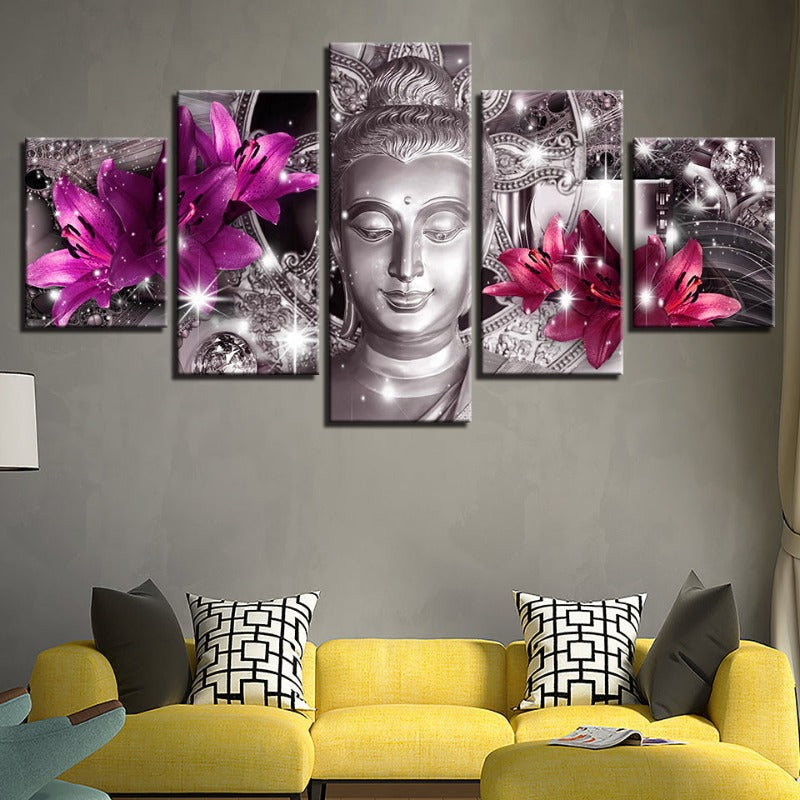 5-teilige Buddha mit lila und pinken Tulpenblumen - Leinwand Wandkunst Gemälde