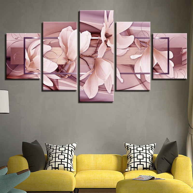 5-teiliges Lichtrosa Blumen - Leinwand Wandkunst Gemälde