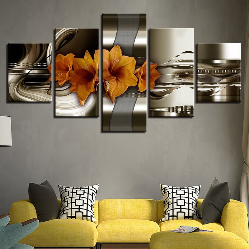 5-Teiliges Braunton Gelbe Blume - Leinwand Wandkunst Gemälde