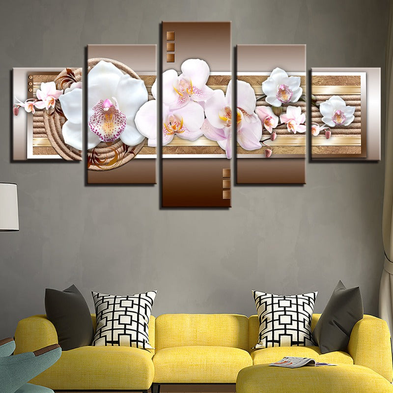 5-teiliges Metallic-Hintergrund Weißer Blume - Leinwand Wandkunst Gemälde