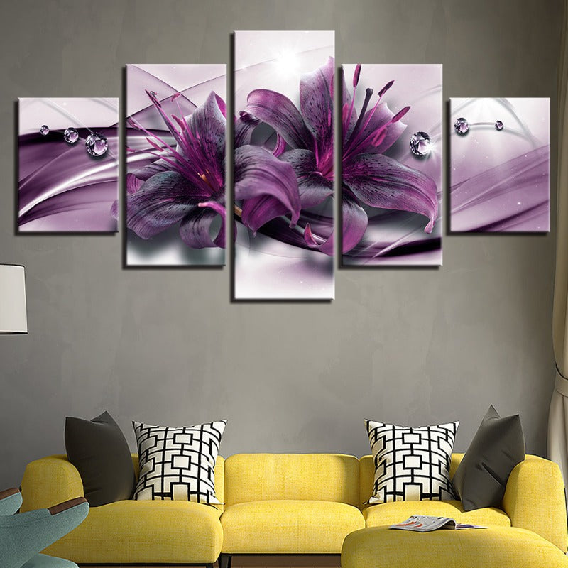 5-teilige lila Blüten - Leinwand Wandkunst Malerei