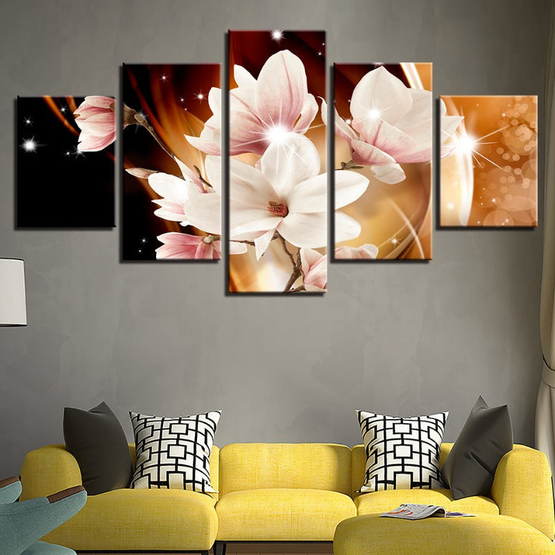 5 Stück Orange Hintergrund Weiße Blume - Leinwand Wandkunst Gemälde