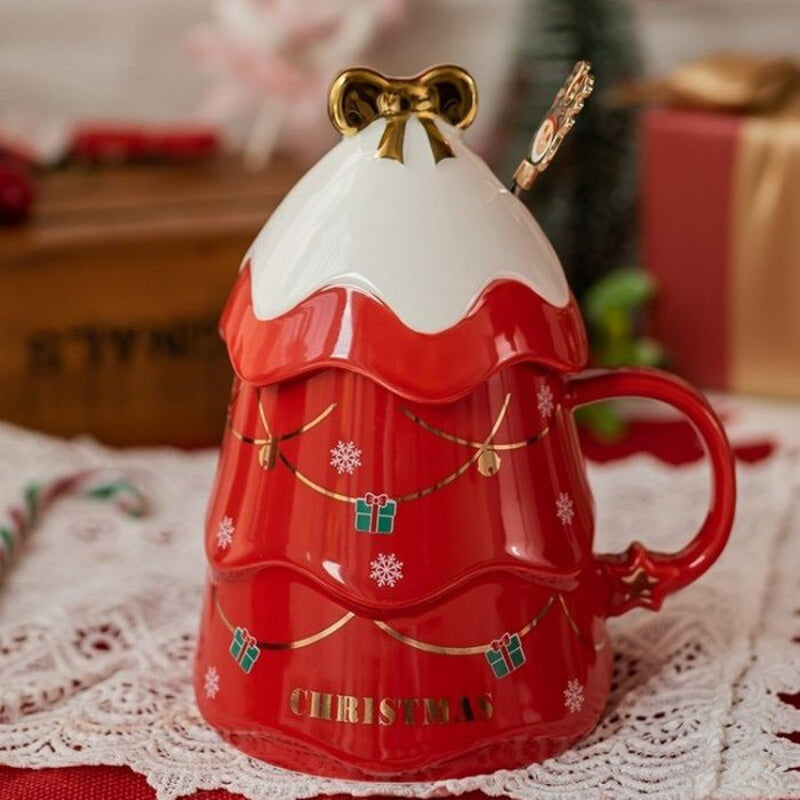 Brehn | Weihnachtsbecher Geschenk mit Deckel und Rührer Große Kapazität Keramikkaffeetasse