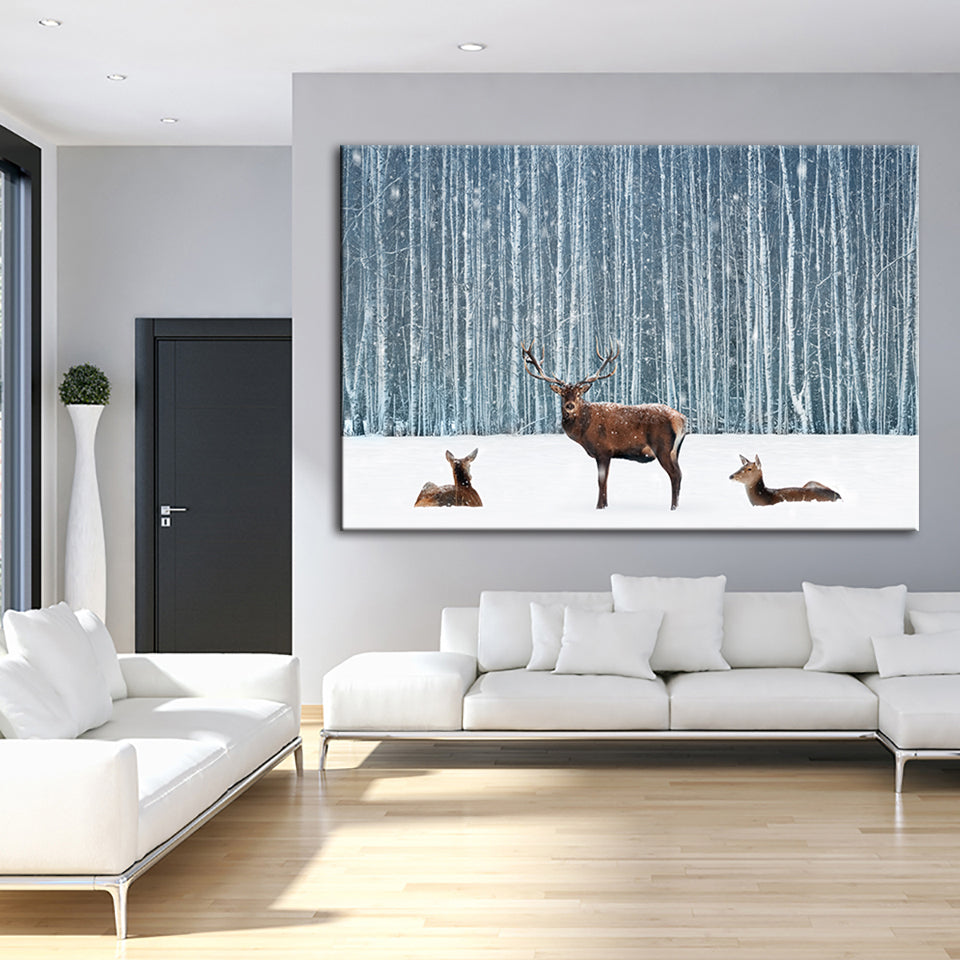 Zwei Rehe und ein Hirsch im Winter - Leinwandbild