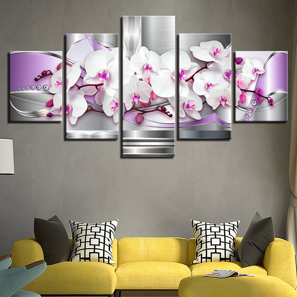 Metallic Weiße und Lila Orchideen 5 Stück - Leinwand Wandkunst Gemälde