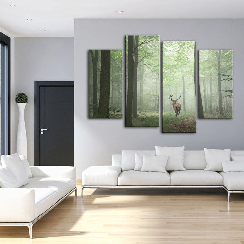 4 Stück Neblige Mystische Rehe im Wald - Leinwand Wandkunst Gemälde