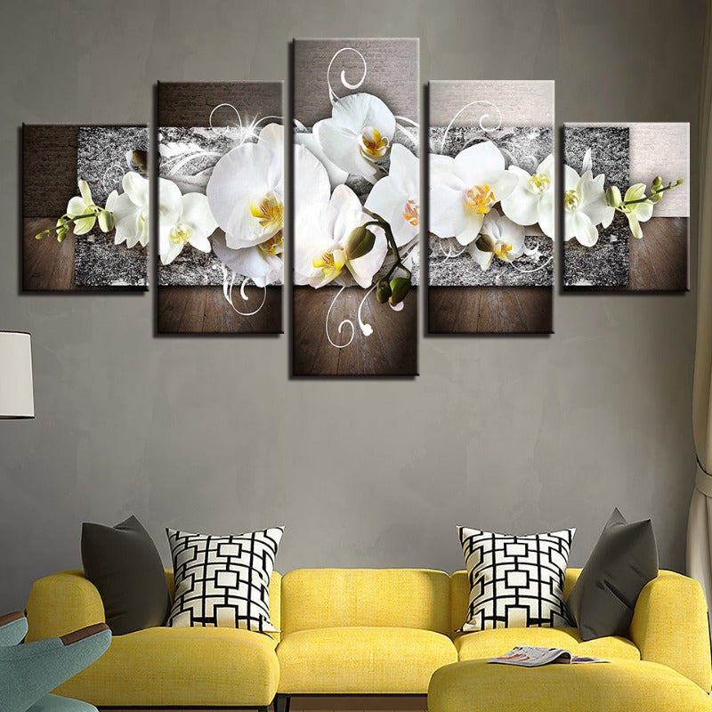5-teiliges Leinwandbild mit silbernem Hintergrund und weißen Blumen