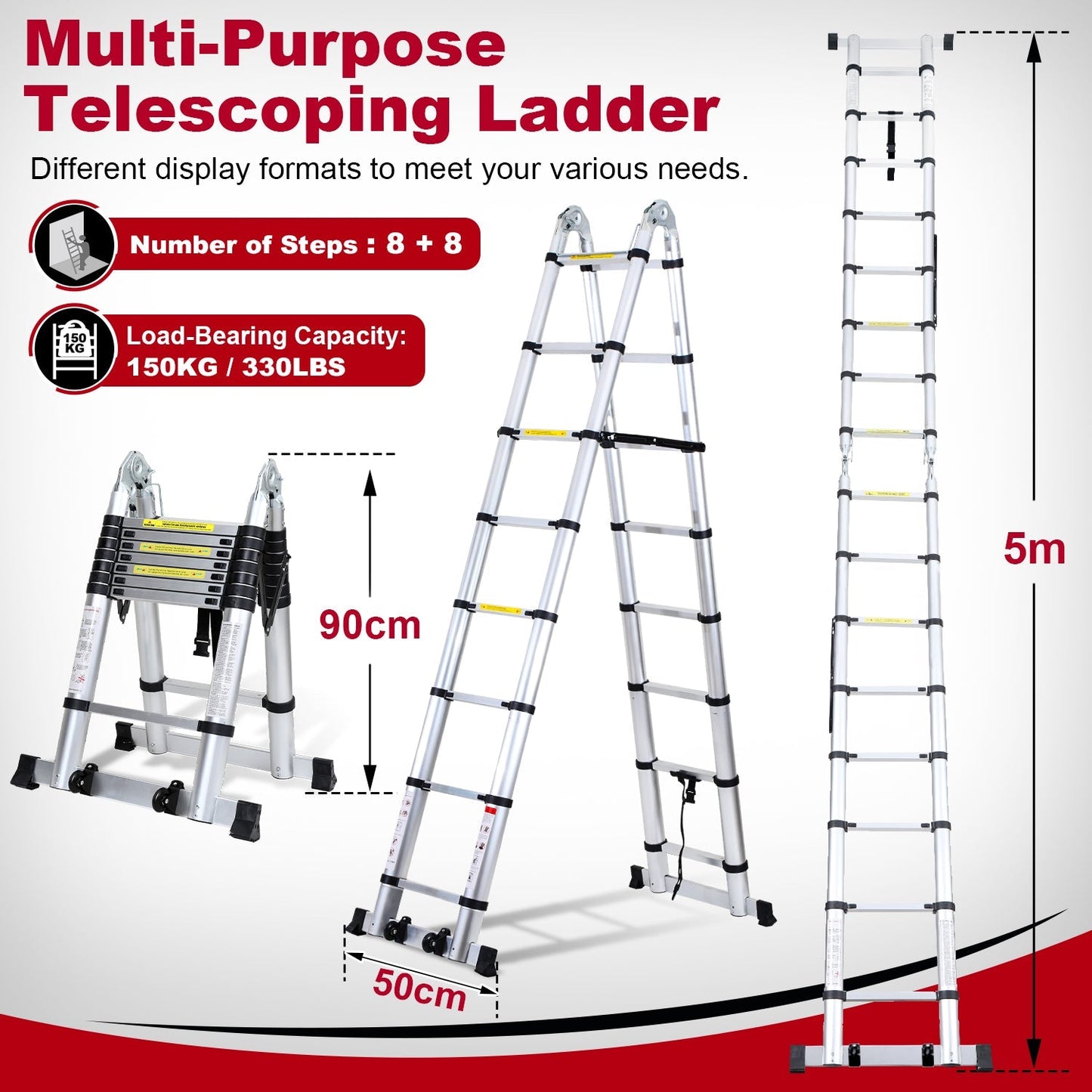 5M Alu Teleskopleiter Klappleiter mit Rädern und Dreiecksstabilisator | Brehn