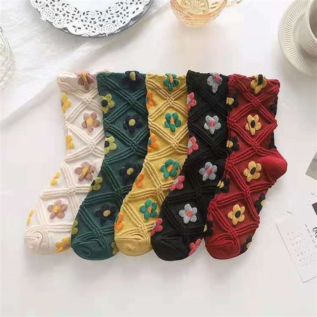 5 Paar Socken im Vintage-Stil mit Blumenstickerei
