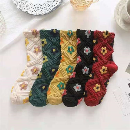 5 Paar Socken im Vintage-Stil mit Blumenstickerei