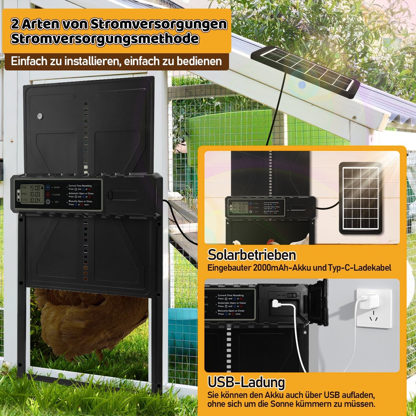 Elektrische Hühnerklappe Solar mit LED Display und Fernbedienung | Brehn