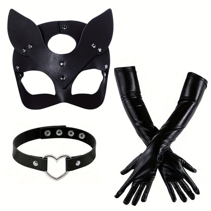 Halloween-Kostümaccessoires für Damen aus Kunstleder | Katzenmasken-Handschuhe
