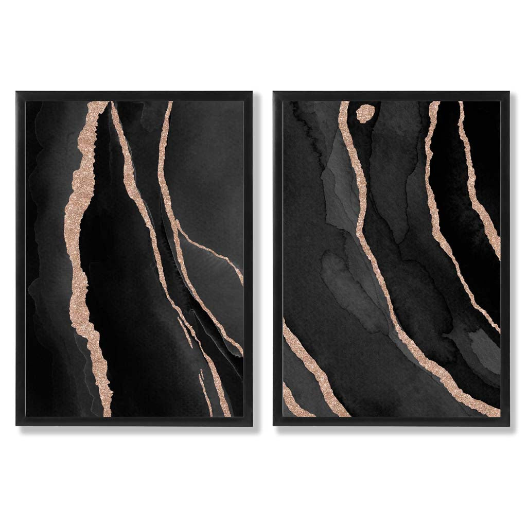 Schwarzes und goldenes abstraktes gerahmtes 2er-Set Kunstdrucke