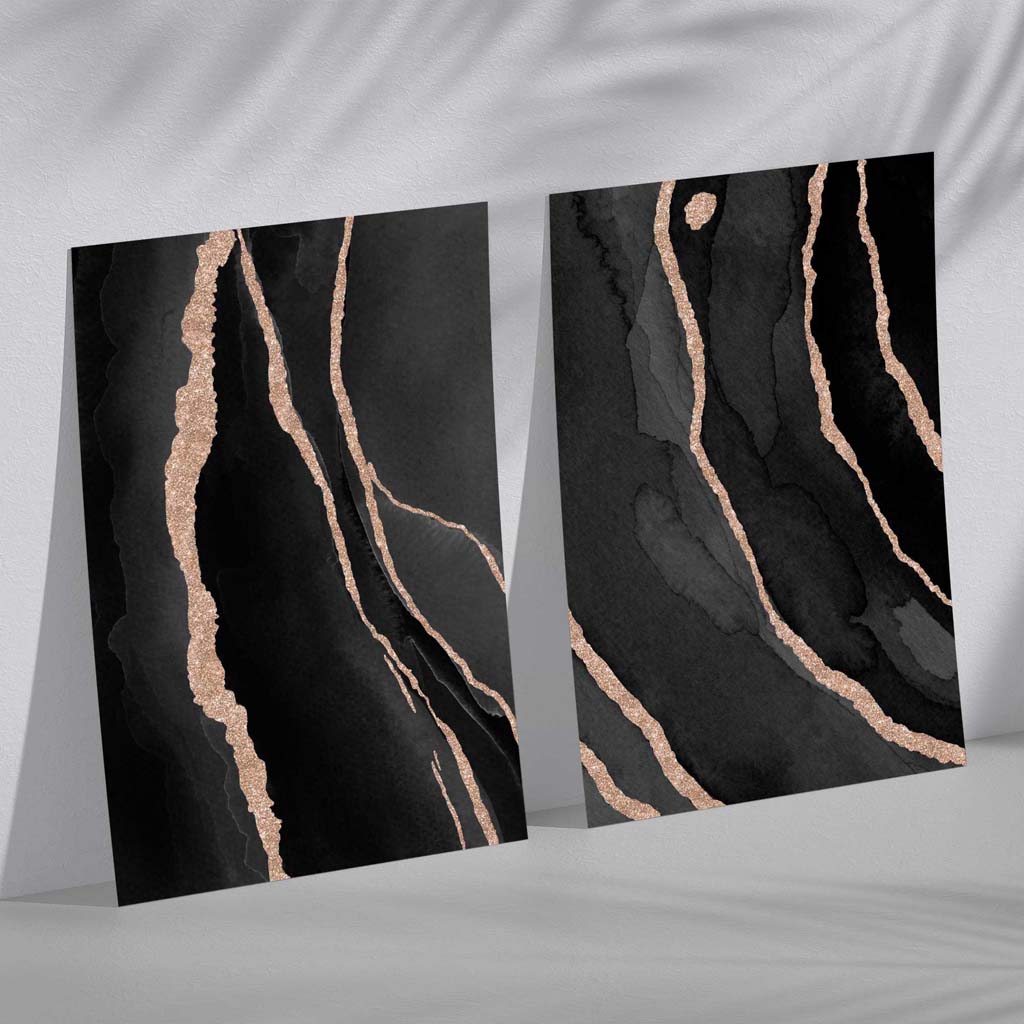 Abstraktes Set aus 2 Kunstdrucken in Schwarz und Gold