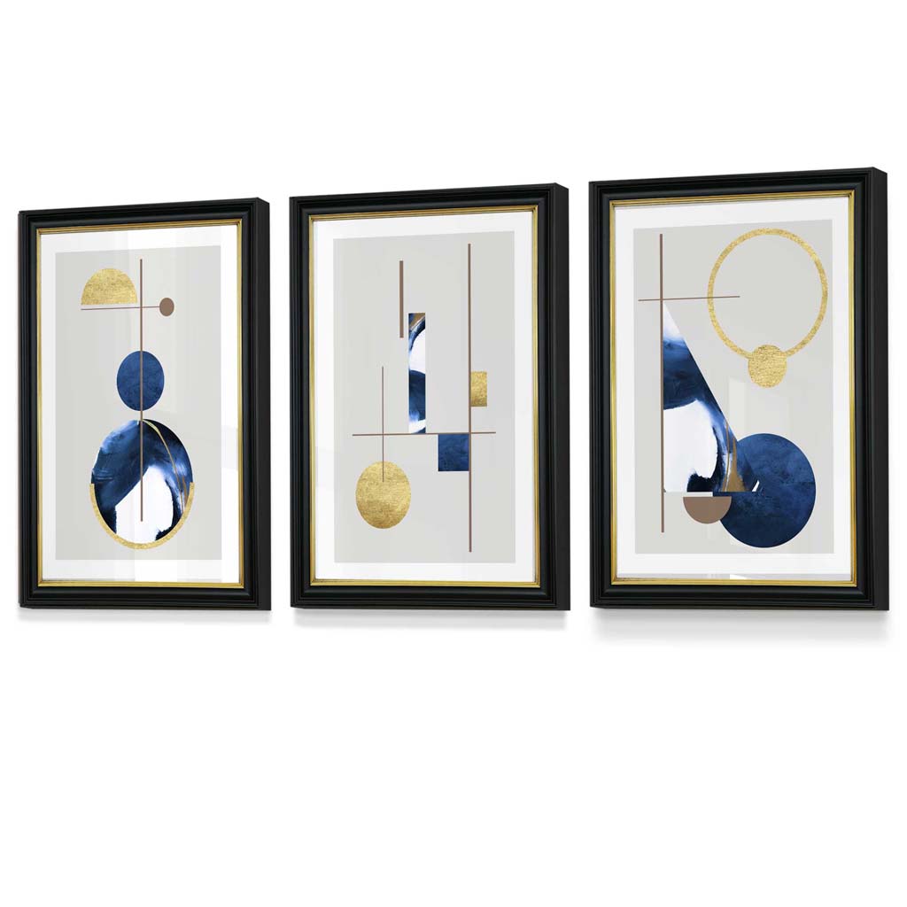 Abstraktes Set aus 3 strukturierten, geometrischen, gerahmten Drucken in Marineblau und Gold