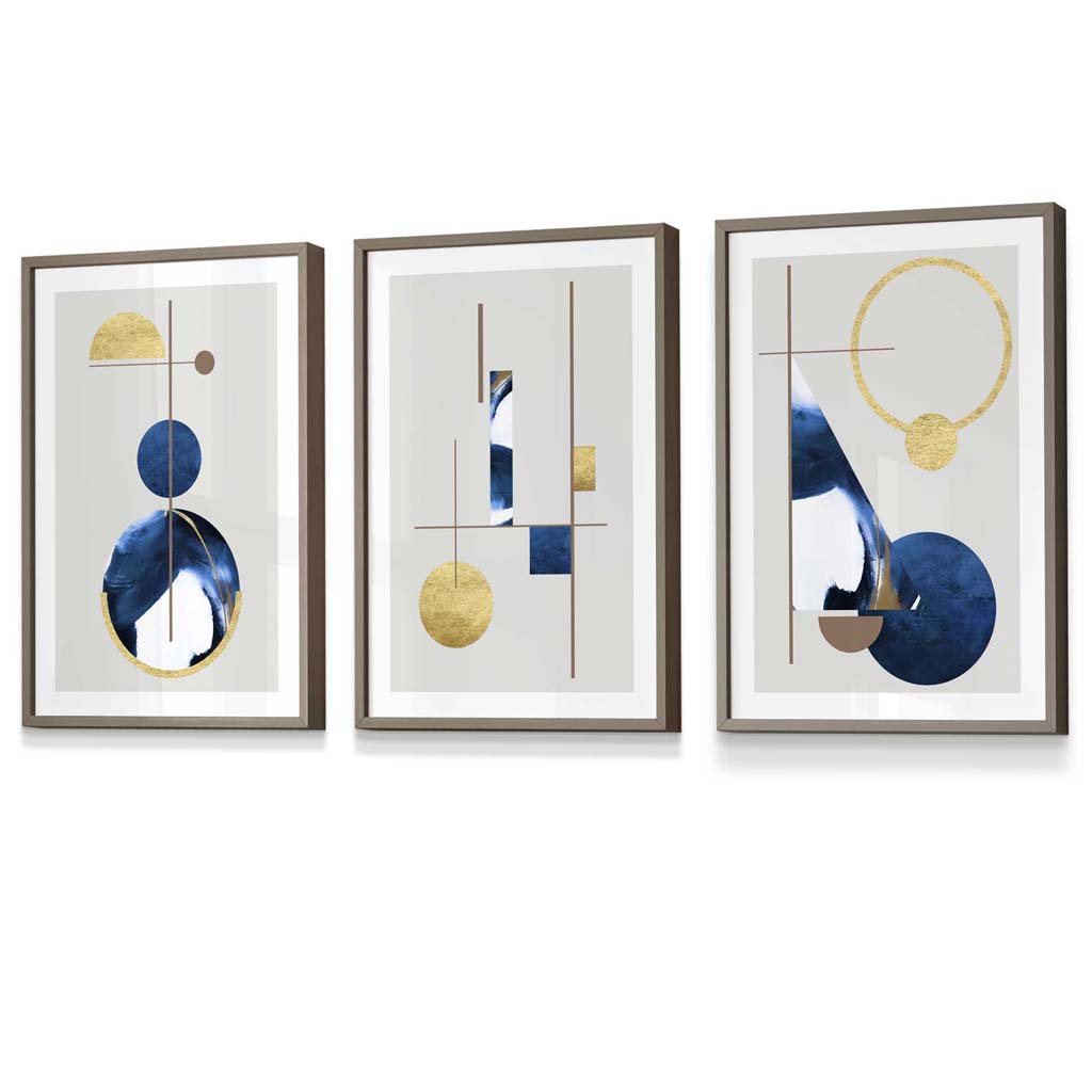 Abstraktes Set aus 3 strukturierten, geometrischen, gerahmten Drucken in Marineblau und Gold