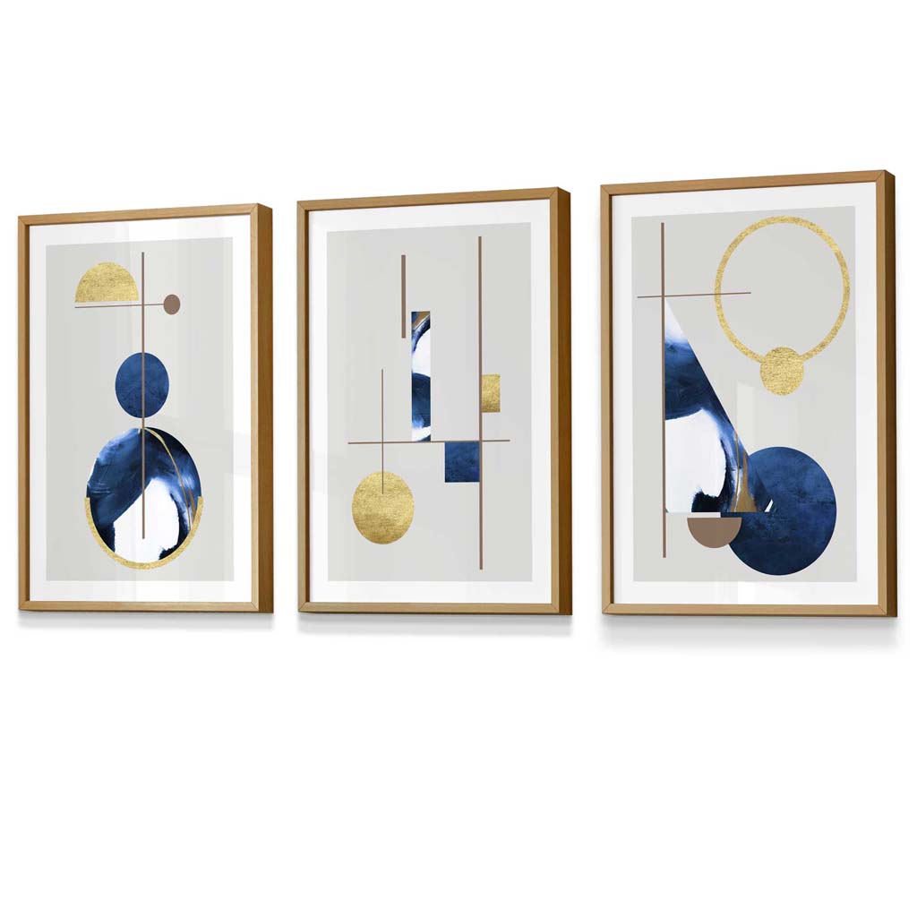 Abstraktes Set aus 3 strukturierten, geometrischen, gerahmten Drucken in Marineblau und Gold