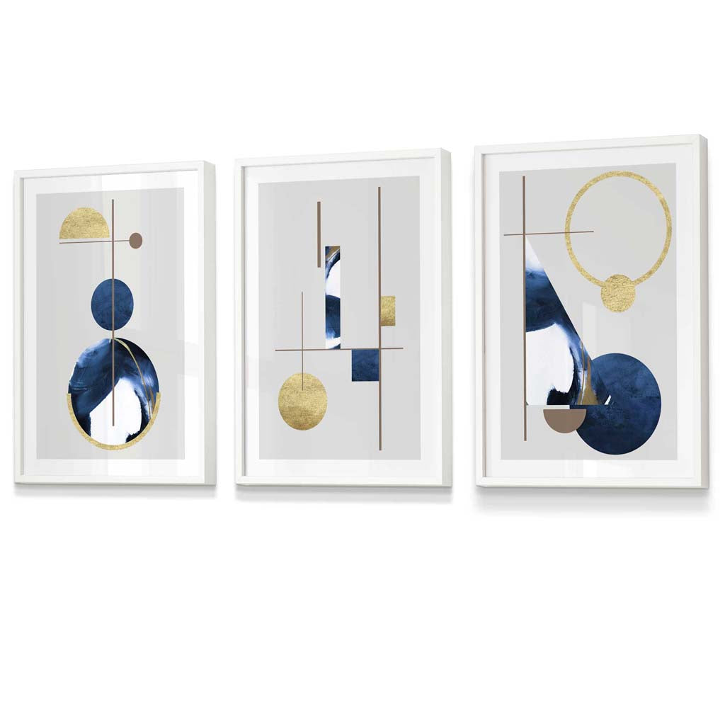 Abstraktes Set aus 3 strukturierten, geometrischen, gerahmten Drucken in Marineblau und Gold