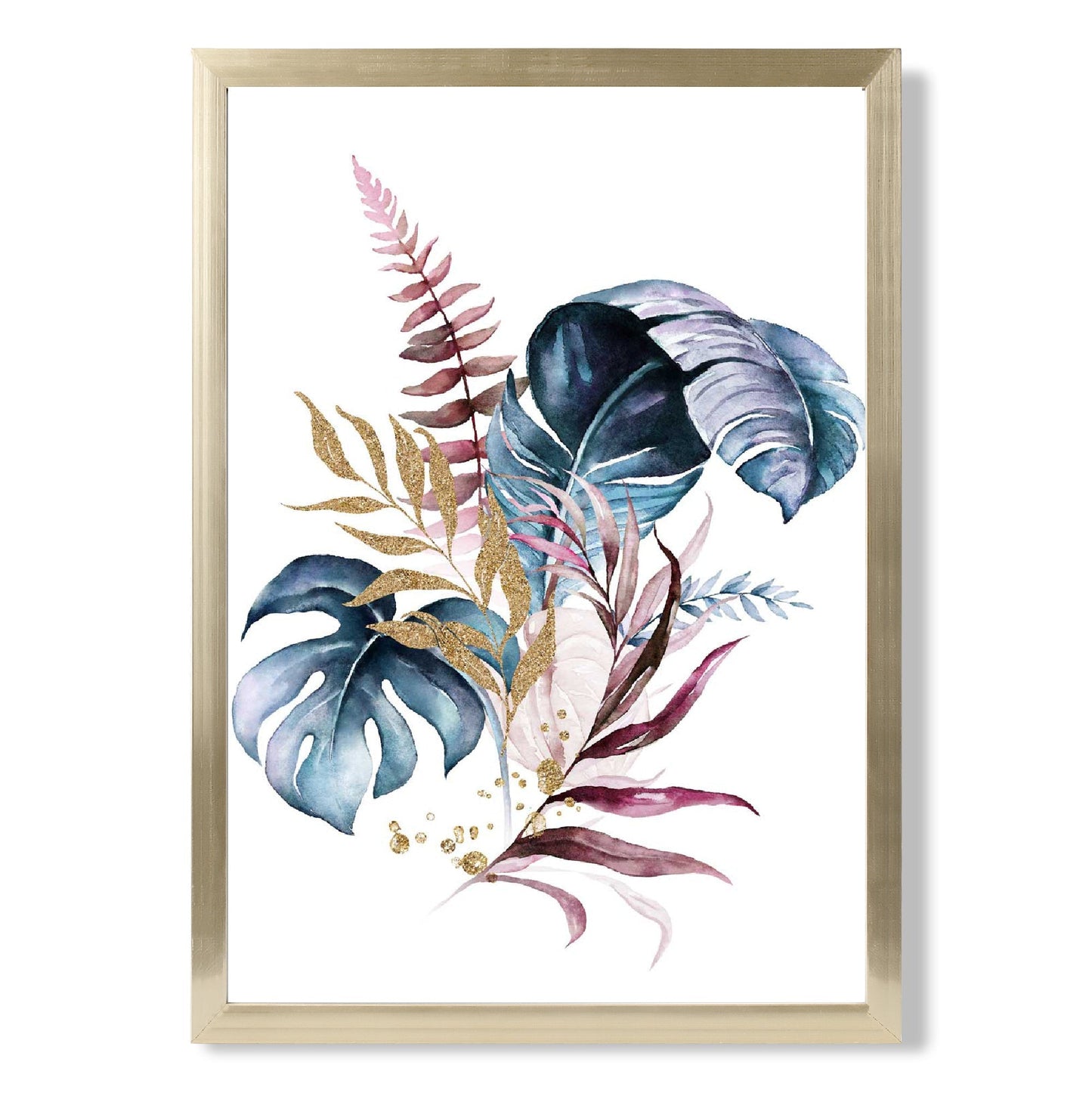 Botanischer Druck mit rosa und blauen Blättern Nr. 1, gerahmt