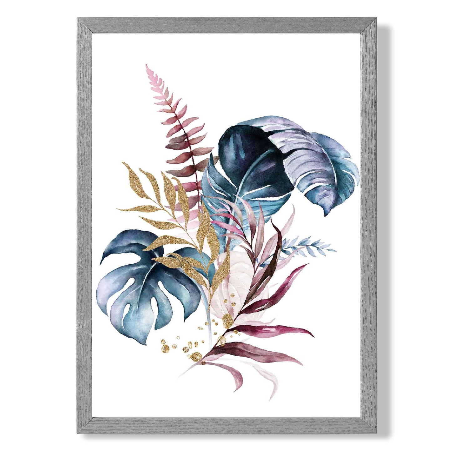 Botanischer Druck mit rosa und blauen Blättern Nr. 1, gerahmt