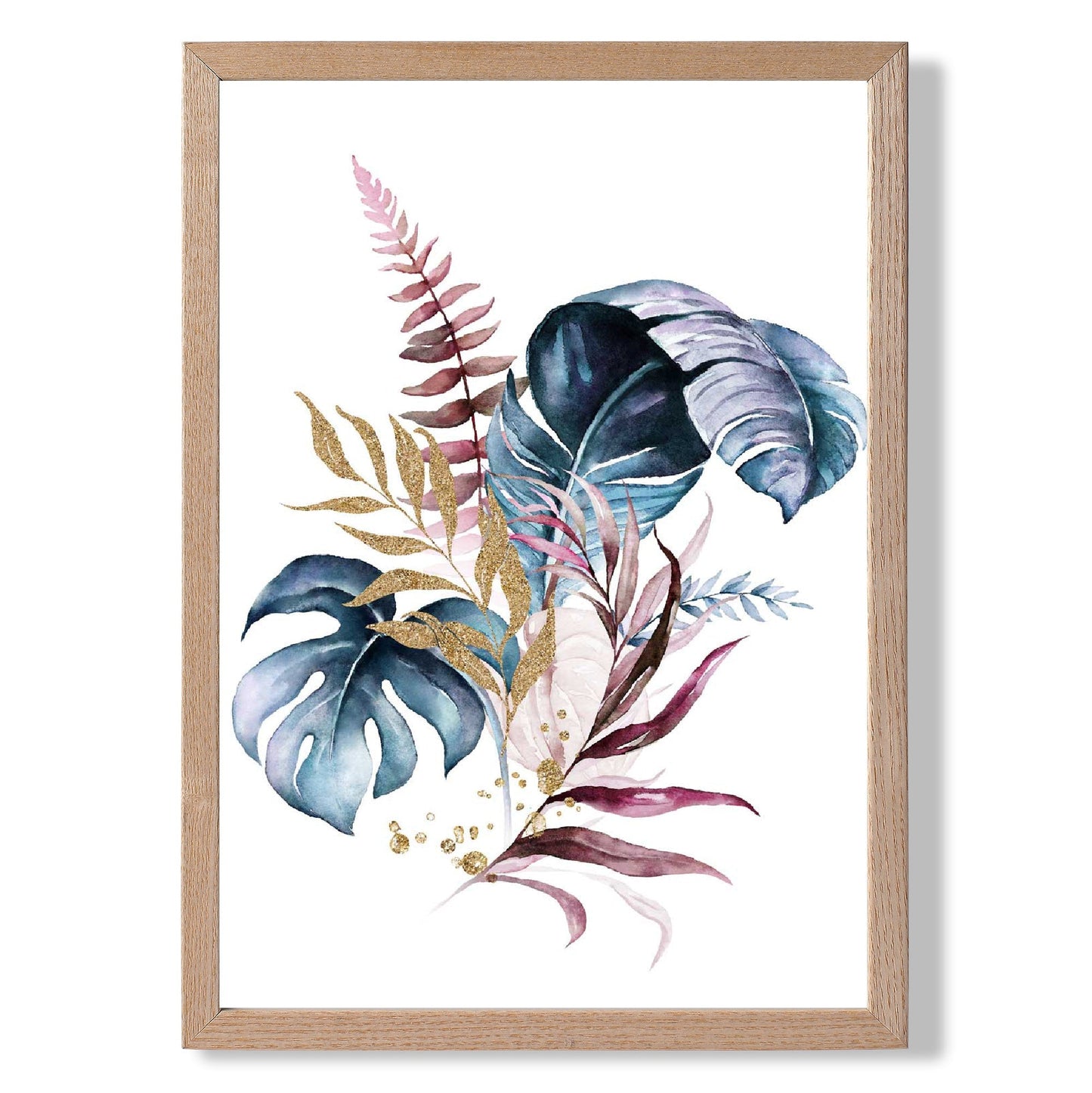 Botanischer Druck mit rosa und blauen Blättern Nr. 1, gerahmt