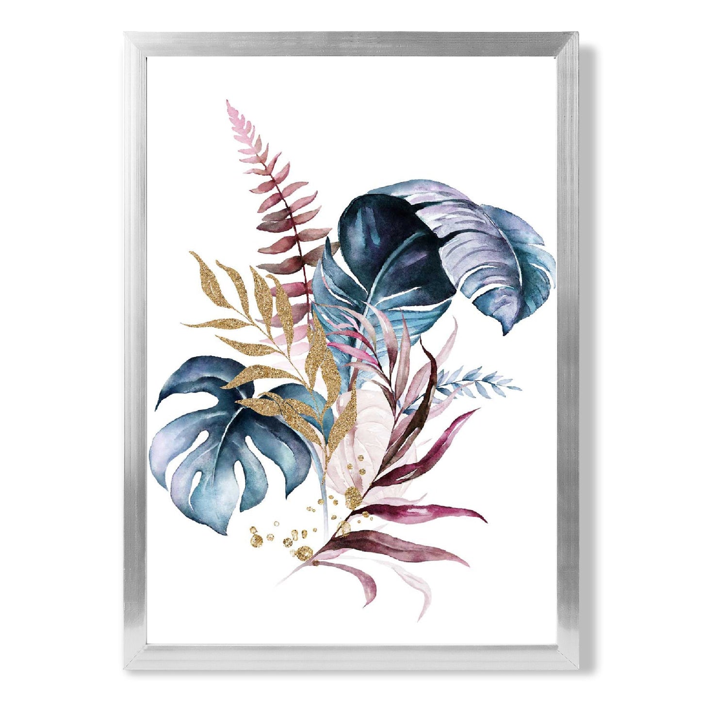 Botanischer Druck mit rosa und blauen Blättern Nr. 1, gerahmt