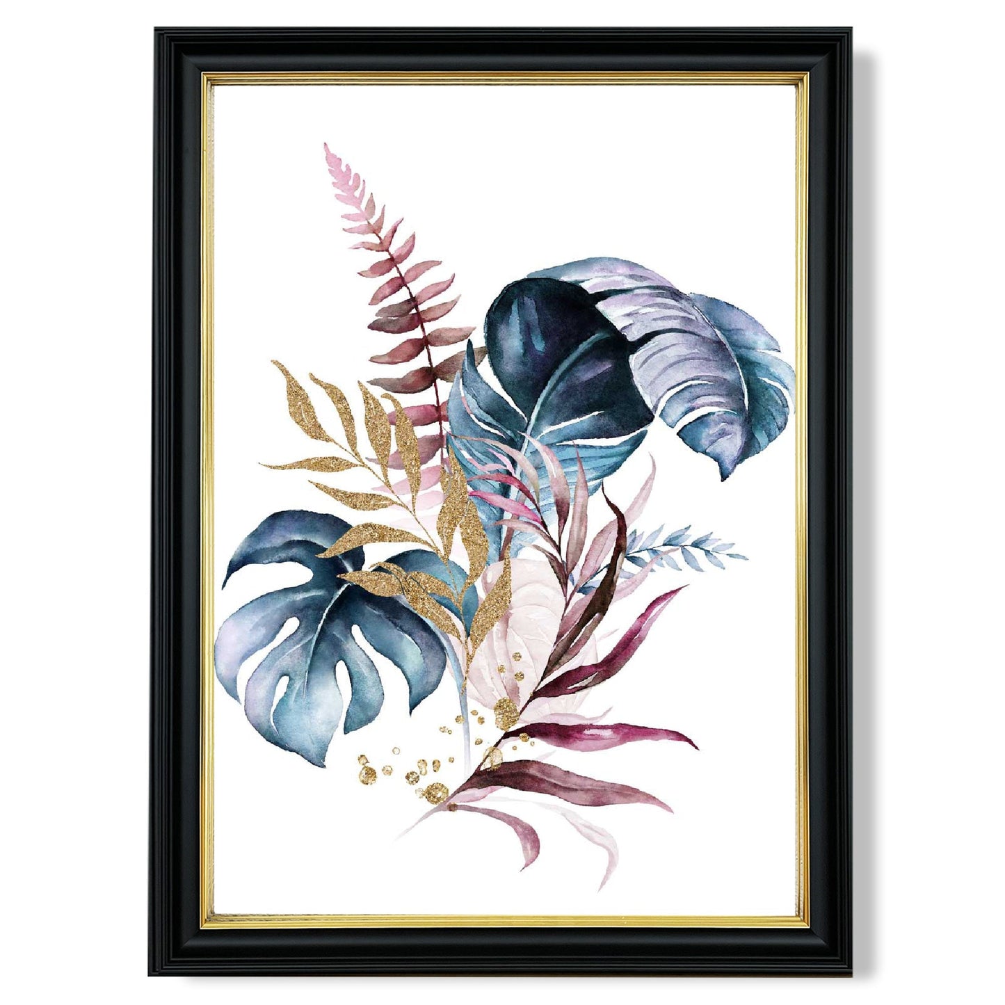 Botanischer Druck mit rosa und blauen Blättern Nr. 1, gerahmt
