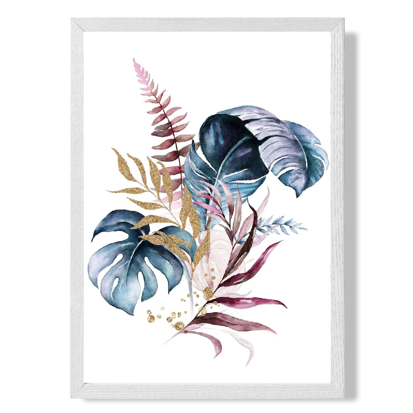 Botanischer Druck mit rosa und blauen Blättern Nr. 1, gerahmt