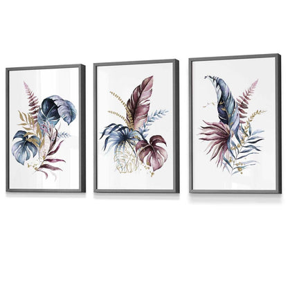 Botanisches Set mit 3 gerahmten Wandbildern mit rosa und blauen Blumenmotiven