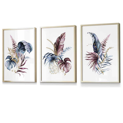 Botanisches Set mit 3 gerahmten Wandbildern mit rosa und blauen Blumenmotiven