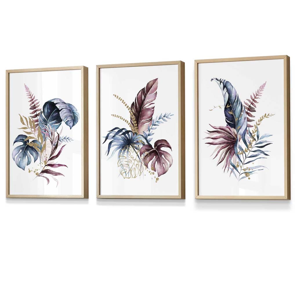Botanisches Set mit 3 gerahmten Wandbildern mit rosa und blauen Blumenmotiven