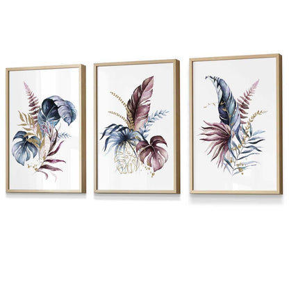 Botanisches Set mit 3 gerahmten Wandbildern mit rosa und blauen Blumenmotiven