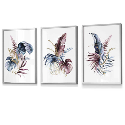 Botanisches Set mit 3 gerahmten Wandbildern mit rosa und blauen Blumenmotiven