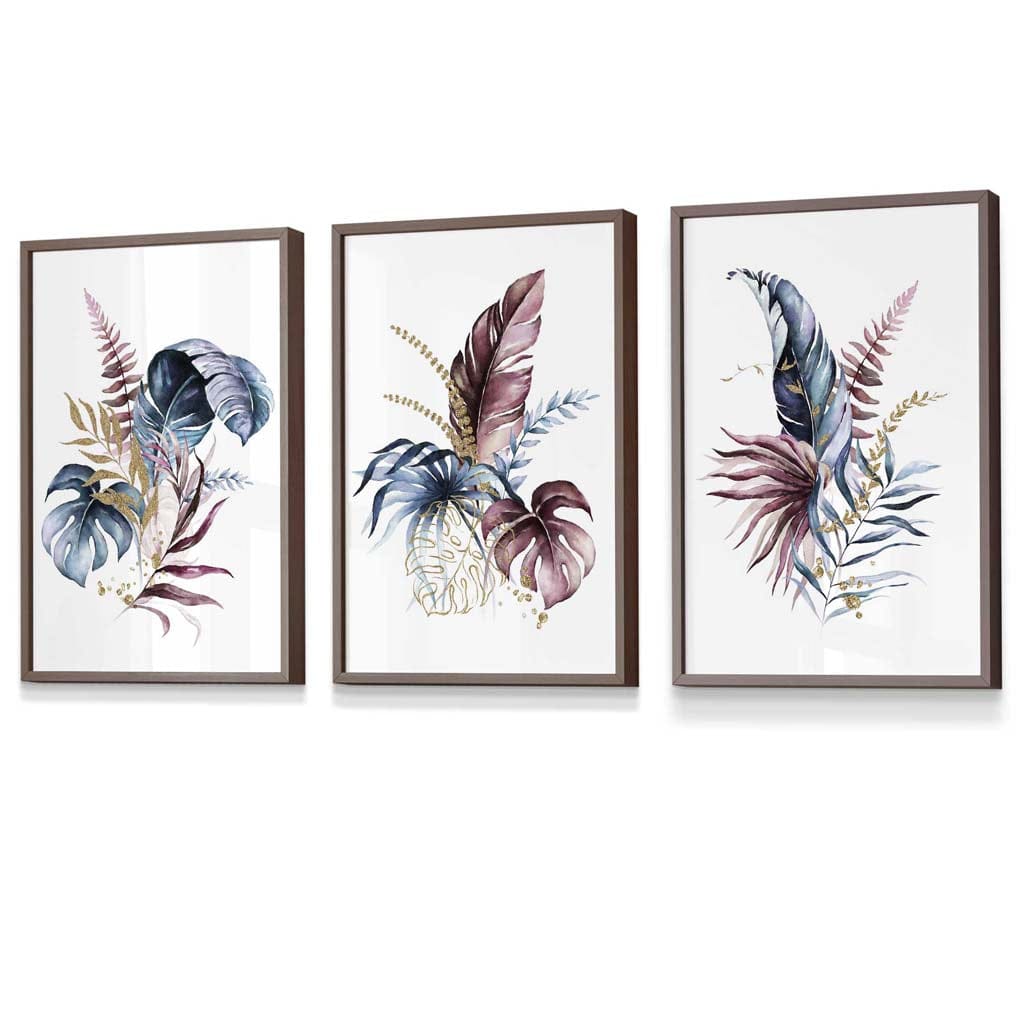 Botanisches Set mit 3 gerahmten Wandbildern mit rosa und blauen Blumenmotiven