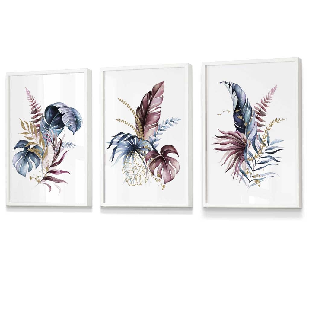 Botanisches Set mit 3 gerahmten Wandbildern mit rosa und blauen Blumenmotiven