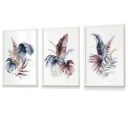 Botanisches Set mit 3 gerahmten Wandbildern mit rosa und blauen Blumenmotiven
