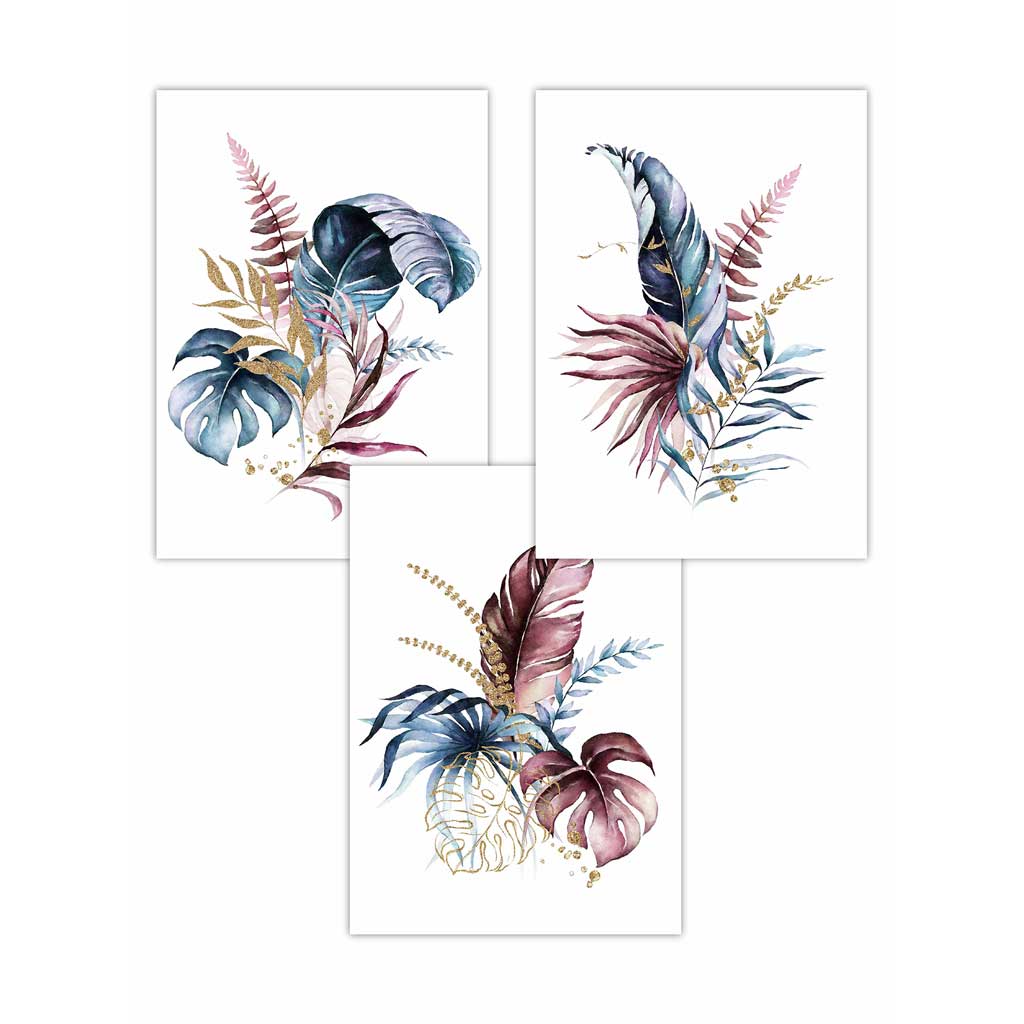 Botanisches Set mit 3 gerahmten Wandbildern mit rosa und blauen Blumenmotiven