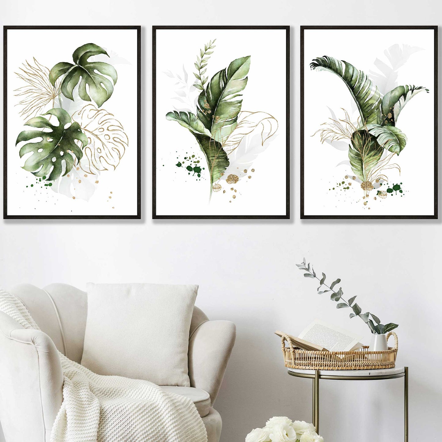 Botanisches Set aus 3 grünen und goldenen Blumen-Wandbildern in Rahmen