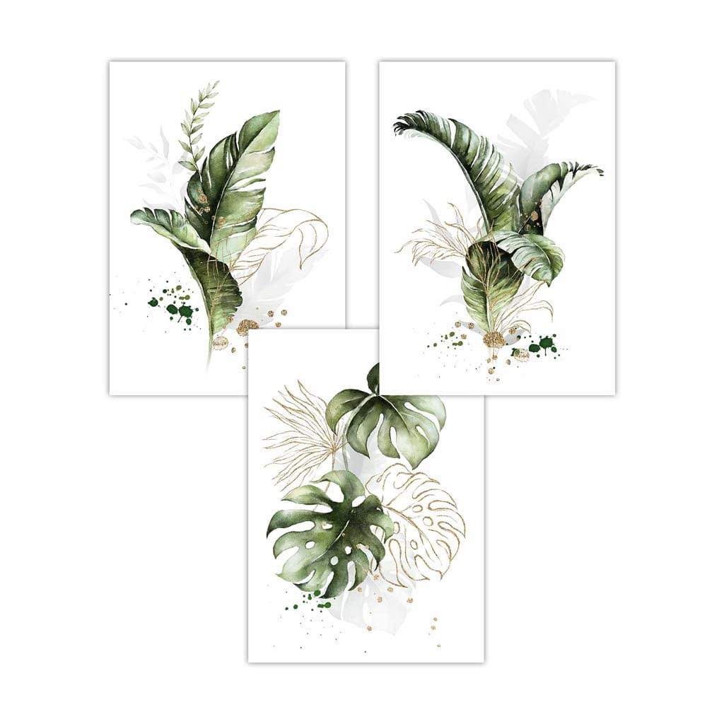 Botanisches Set aus 3 grünen und goldenen floralen Wandbildern