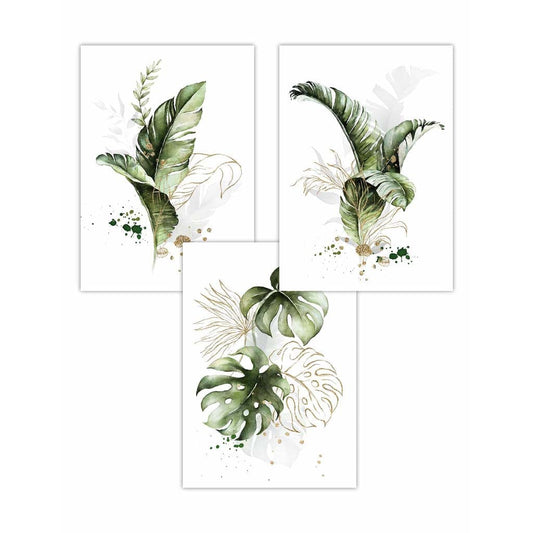 Botanisches Set aus 3 grünen und goldenen floralen Wandbildern
