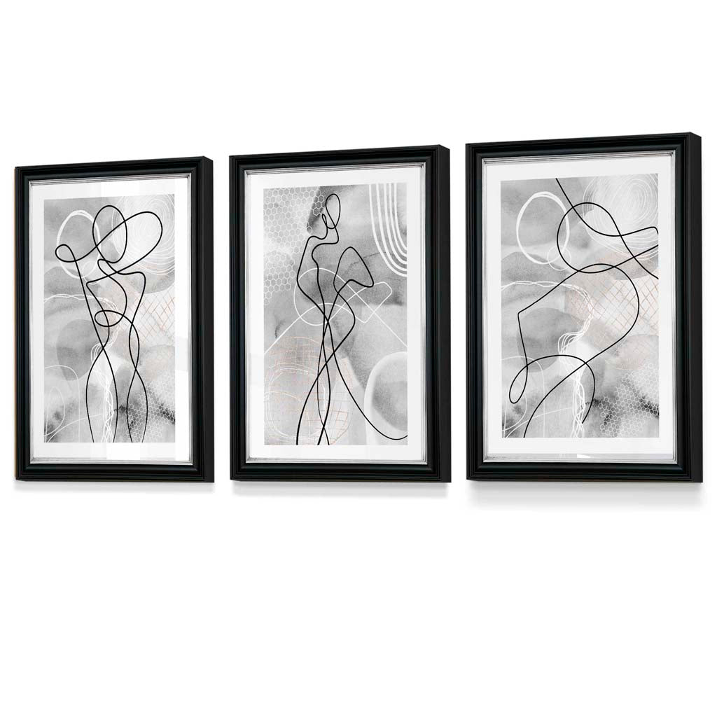 Abstraktes Set aus 3 gerahmten Kunstdrucken mit Motiven aus der Modewelt in Schwarz und Grau