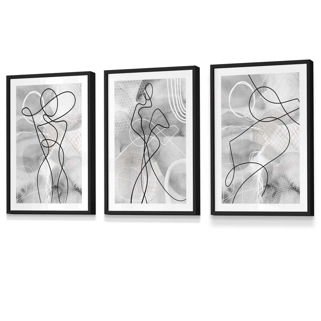Abstraktes Set aus 3 gerahmten Kunstdrucken mit Motiven aus der Modewelt in Schwarz und Grau