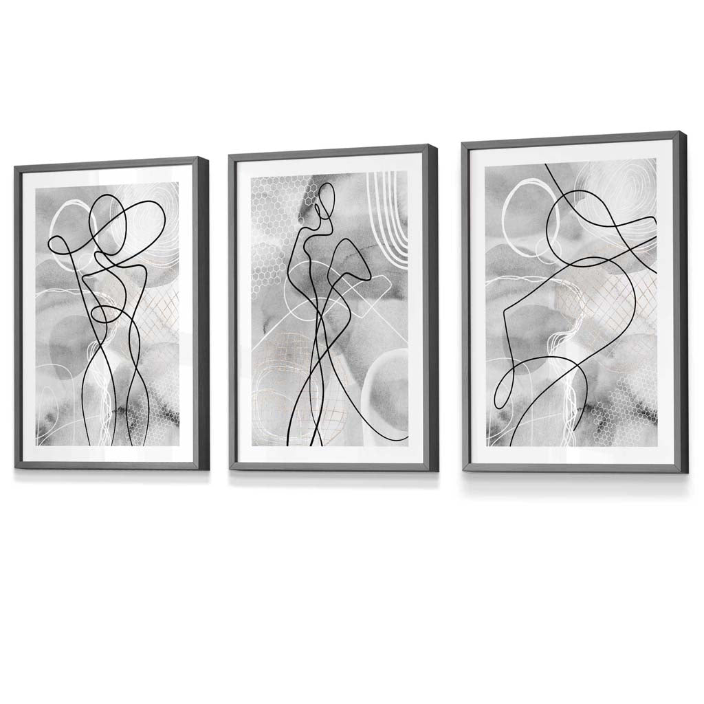 Abstraktes Set aus 3 gerahmten Kunstdrucken mit Motiven aus der Modewelt in Schwarz und Grau