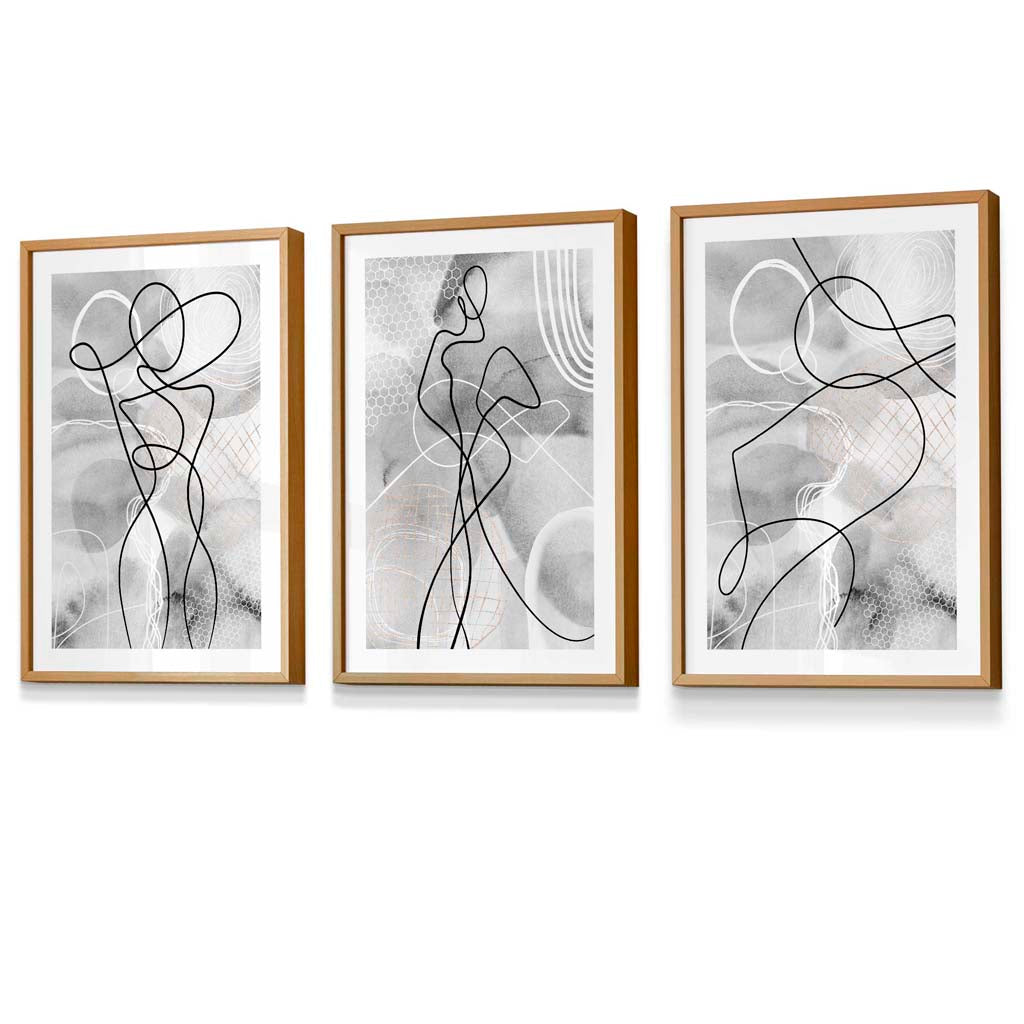 Abstraktes Set aus 3 gerahmten Kunstdrucken mit Motiven aus der Modewelt in Schwarz und Grau