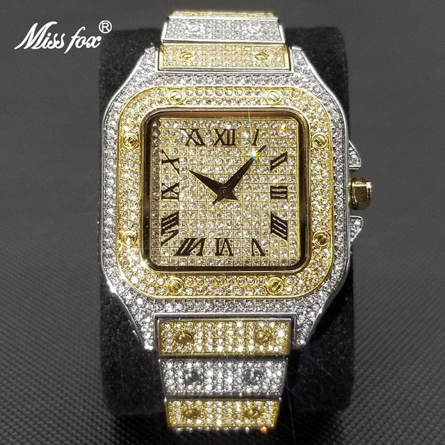 Brehn | MISSFOX Ice Out Square Herrenuhr | 18K Gold Nano-Vakuum-Beschichtung | Schweizer Quarz-Uhrwerk | Vollbesetzt mit Lab-Diamanten | Edelstahl-Gehäuse | Wasserdicht 3 ATM