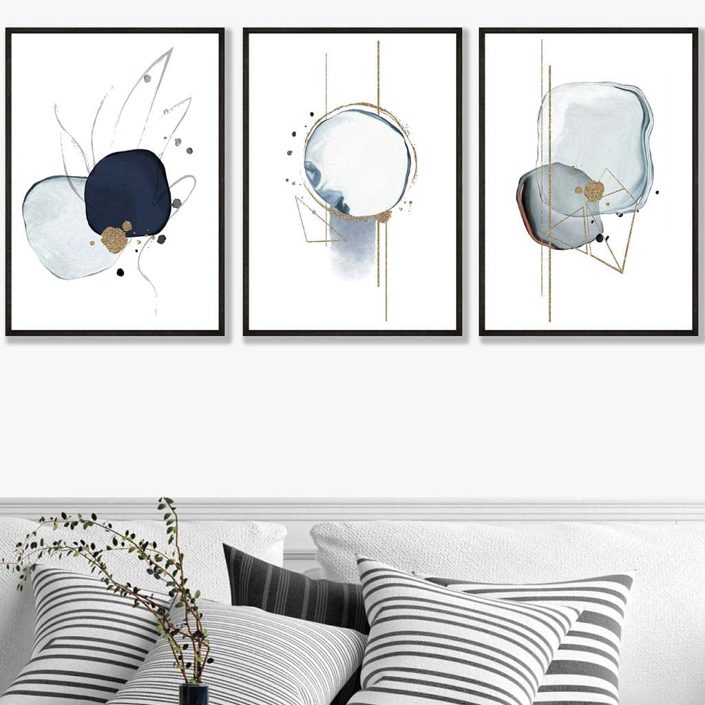 Abstrakte Winterstimmung – Marineblau-Goldene Kunstdrucke, 3er-Set