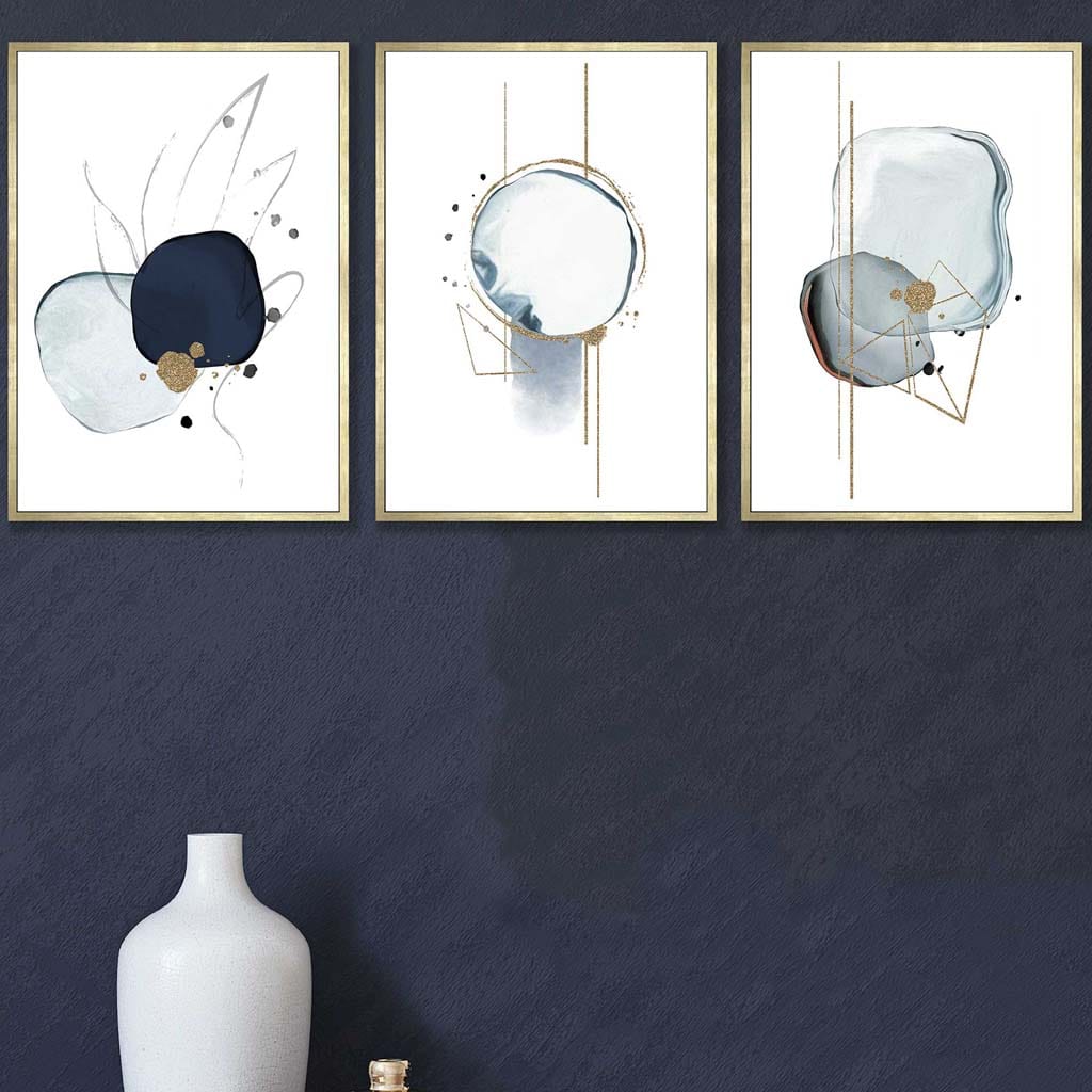 Abstrakte Winterstimmung – Marineblau-Goldene Kunstdrucke, 3er-Set