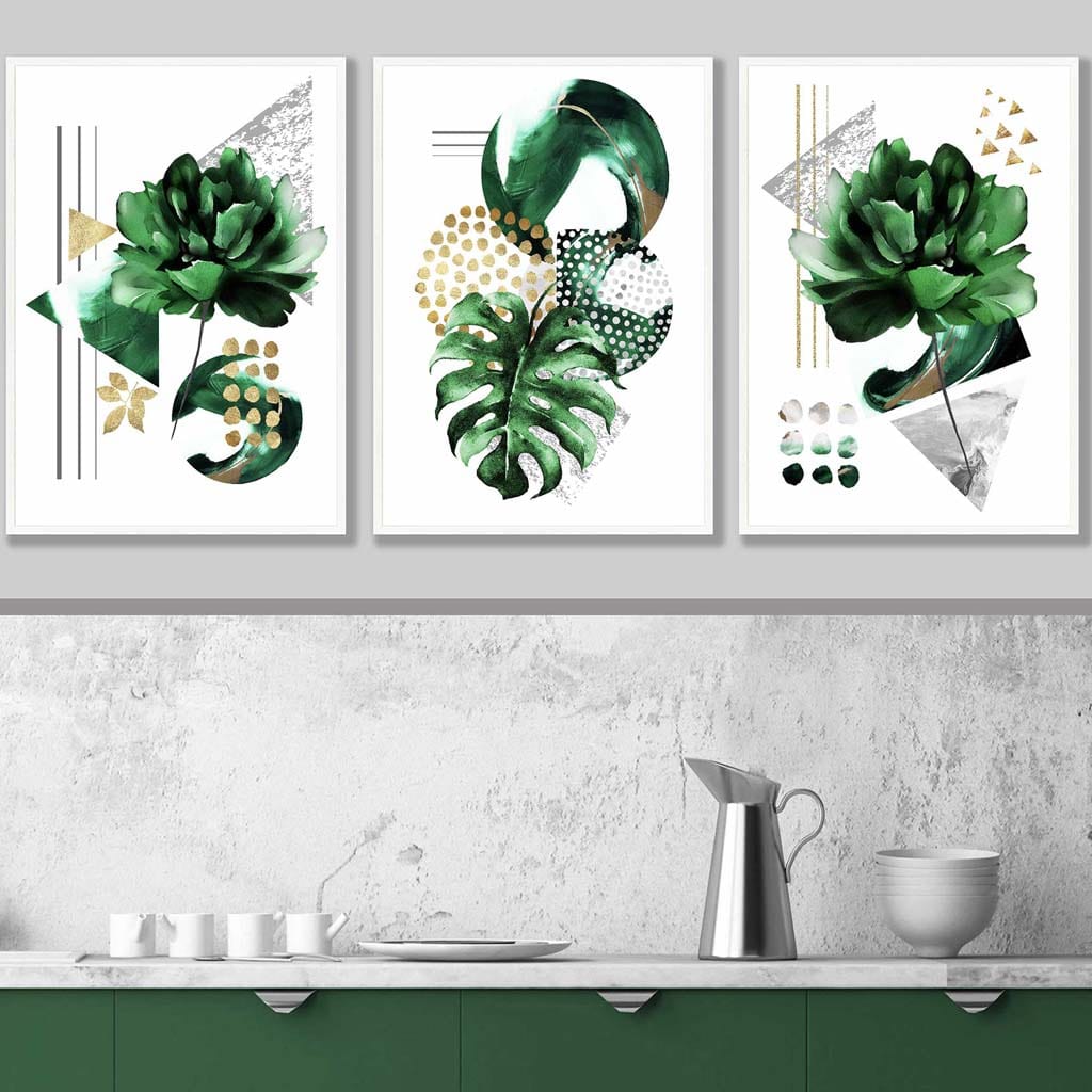 Abstraktes grün-goldenes Blumen-Set aus 3 Kunstdrucken